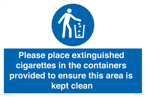 Please place extinguished cigarettes in the containers provided to ensure this area is kept clean
